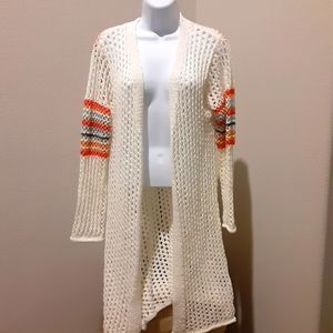 POL Cream Open Knit Cardigan with Orange and Gray Sleeve Stripes